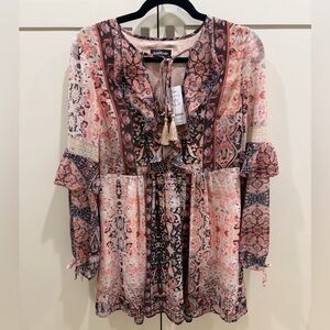 bebe Boho Paisley Mini Dress Tassel Tie Pink Flowy Peasant Dress Size XS NWT